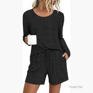 Women's Ribbed Knit Pajama Set Long Sleeve Top Shorts Pockets Medium